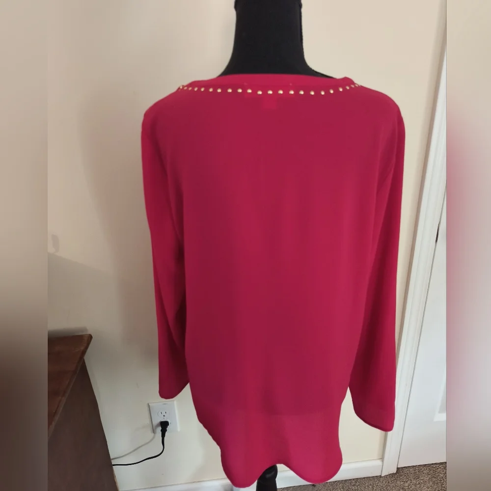 Michael Kors Red Studded Hi-Lo Hem Blouse in Size L - Picture 3 of 14